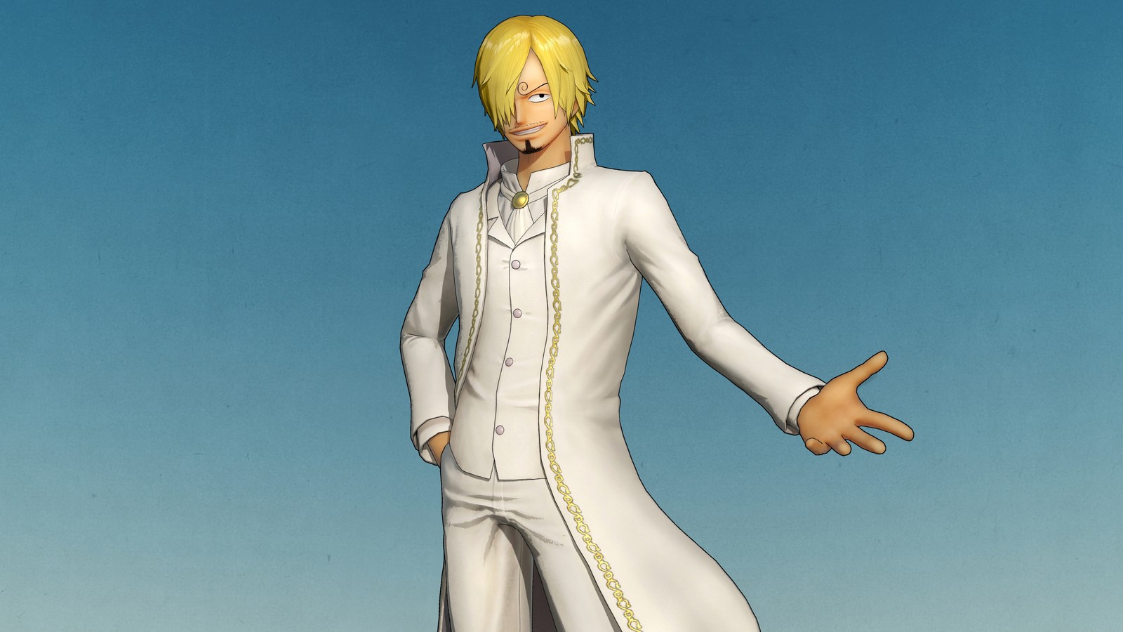 Personaje de anime vestido de blanco de pie sobre una roca con las manos extendidas (vinsmoke sanji, one piece pirate warriors 4, videojuego)