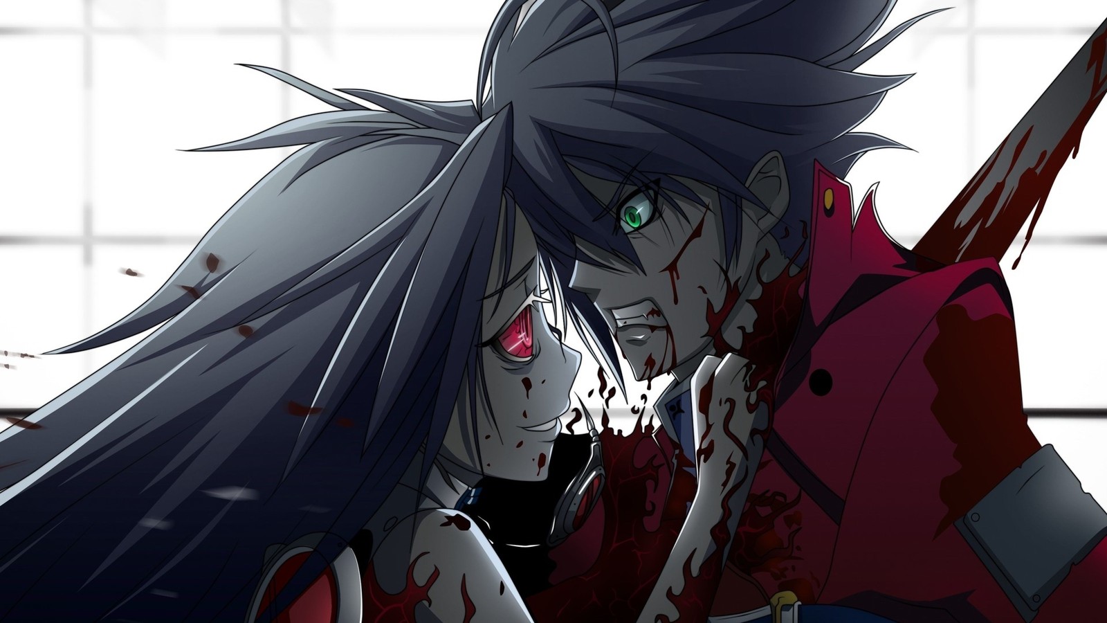 Anime, a woman with long hair and a bloody face holding a knife (anime, drawing, manga, cosplay, fictional character)