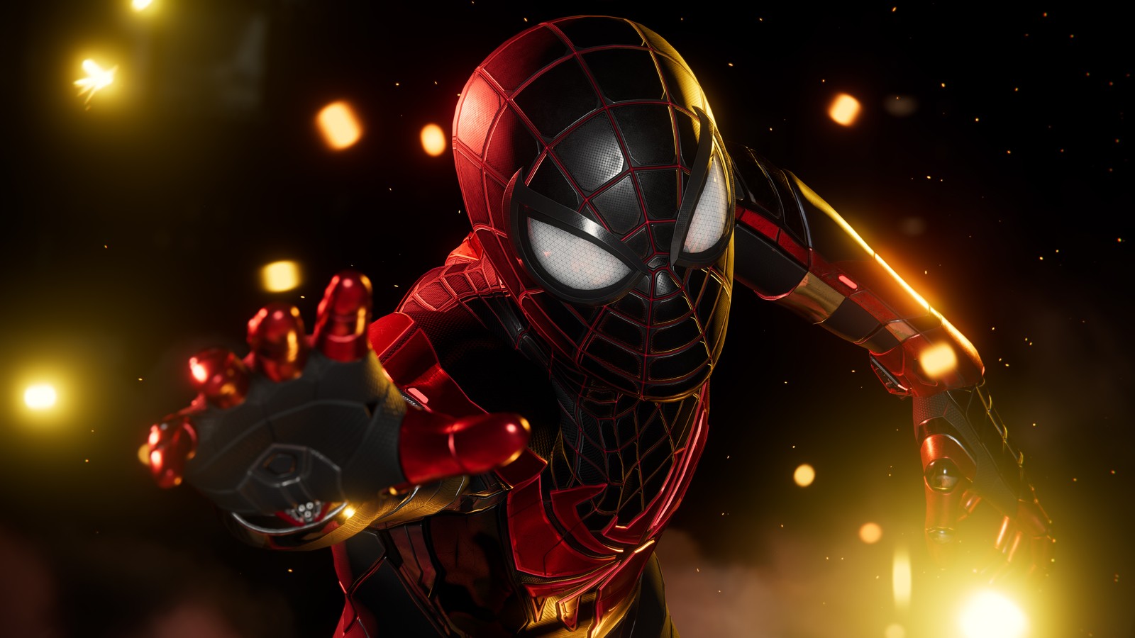 Un gros plan de spider-man avec un costume brillant (spider man miles morales, playstation 4, playstation 5, spiderman, jeux)