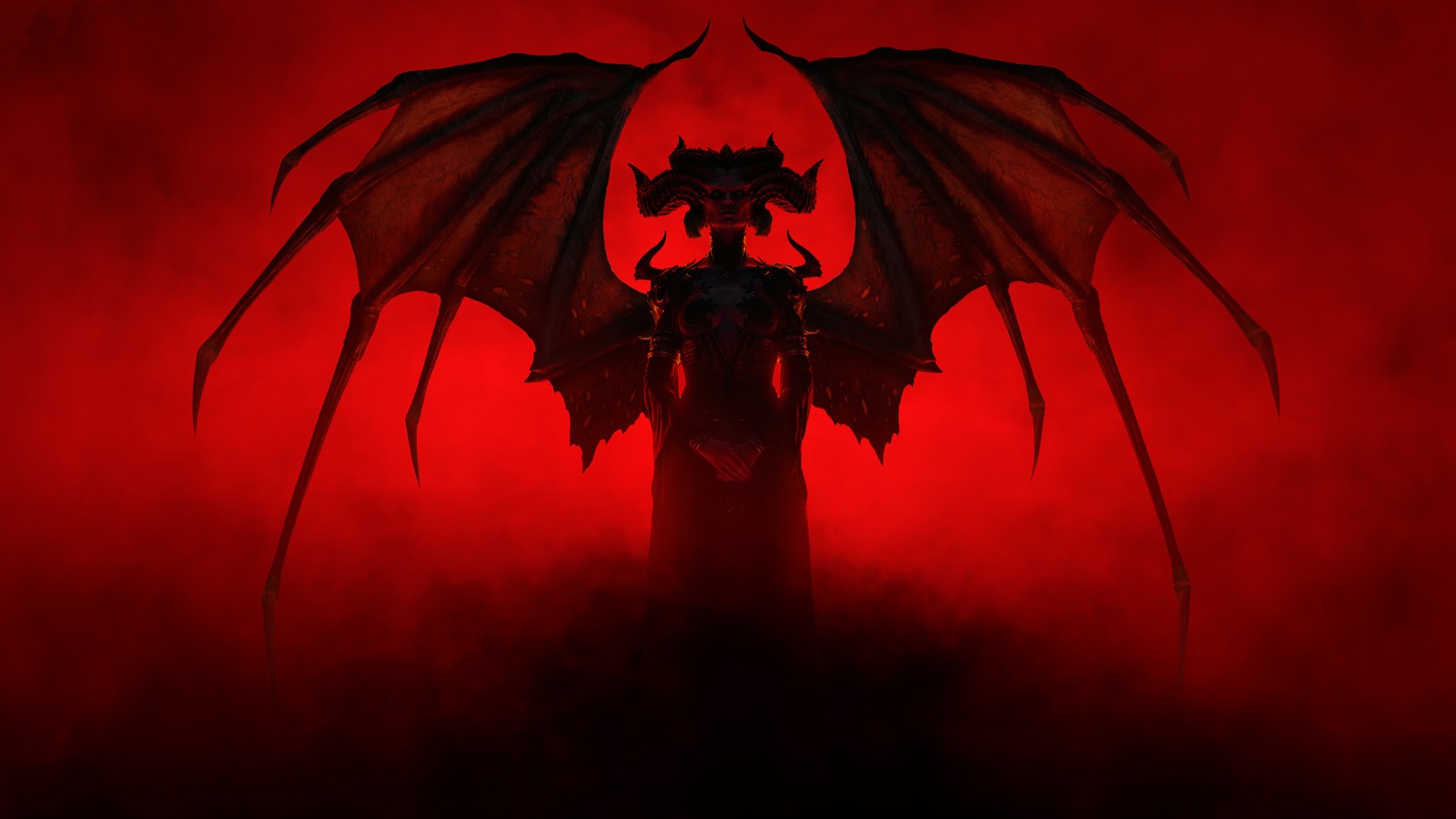 Un primer plano de un demonio rojo con fondo rojo (diablo iv, videojuego, diablo 4, lilith, silueta)