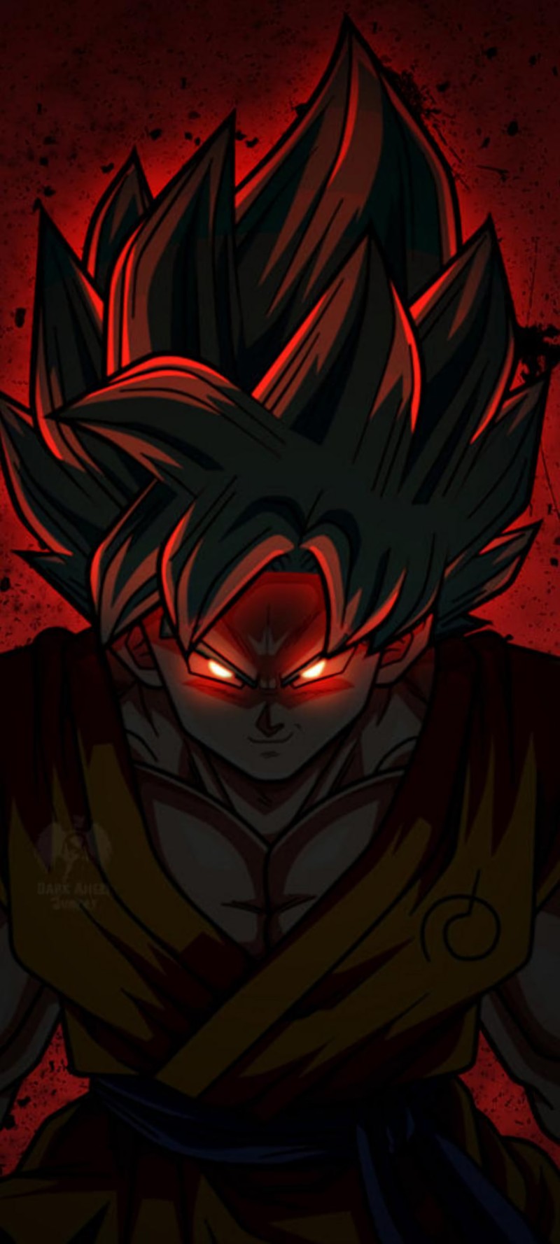 Рисунок гоку с сияющим красным светом на его лице. (goku, супер сайян, super saiyan, драконий жемчуг, dragon ball)