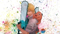 Denji y Pochita de Chainsaw Man con salpicaduras vibrantes de color.