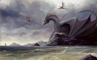 Dragón majestuoso que contempla un mar tempestuoso, acompañado de dragones más pequeños que vuelan en el cielo nublado.