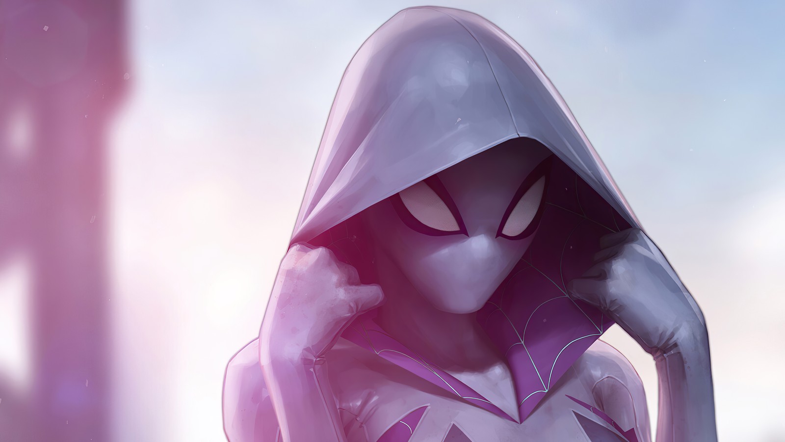 Spider - man in a hoodie standing in front of a building (spider gwen, marvel comics, comics, superhero)