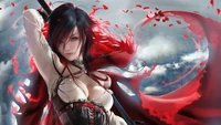 Ilustración dinámica de una poderosa chica de anime con cabello rojo fluido y una impresionante capa roja, empuñando un arma en medio de un fondo de pétalos giratorios y nubes dramáticas.