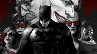 Batman e aliados confrontam vilões icônicos em um pôster escuro e estilizado para "Telltale Batman: Shadows Edition.