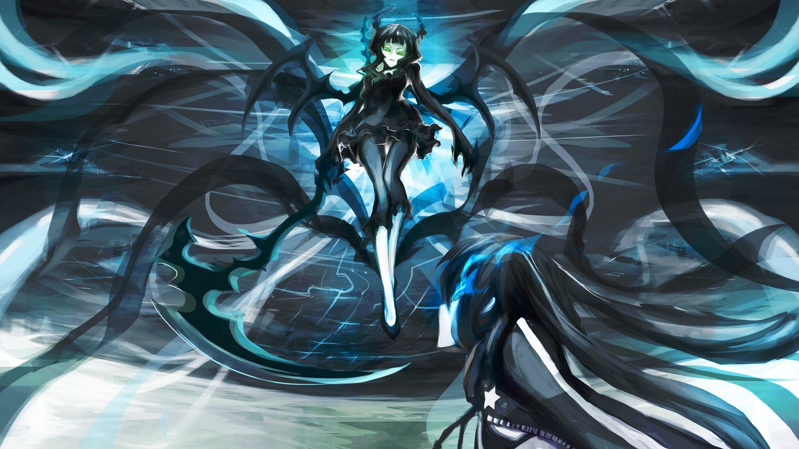 Una mujer con cabello largo y una espada frente a un fondo azul y negro (black rock shooter, ilustración, ficción)