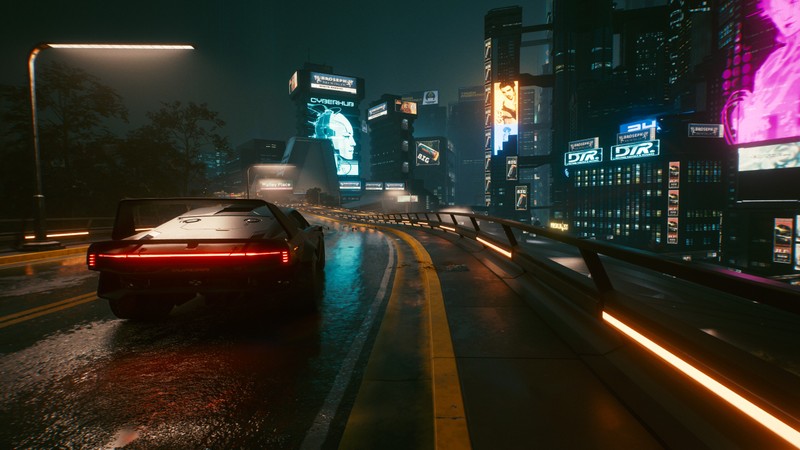 Машина едет по городу ночью с неоновыми огнями (киберпанк, cyberpunk 2077, киберпанк 2020, cyberpunk 2020, фортнайт)