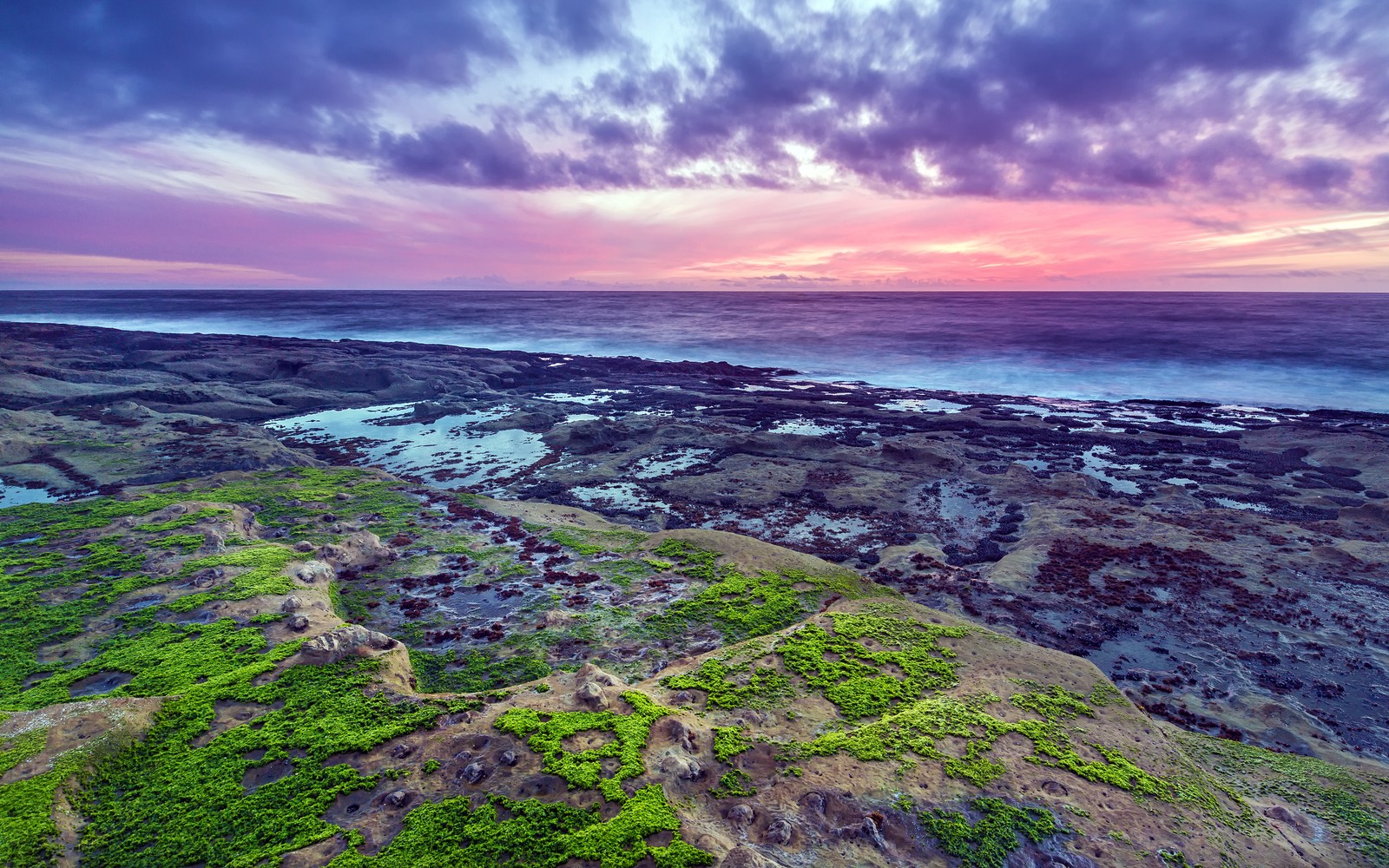 rocky coast, seascape, green moss, sunset, purple sky wallpaper