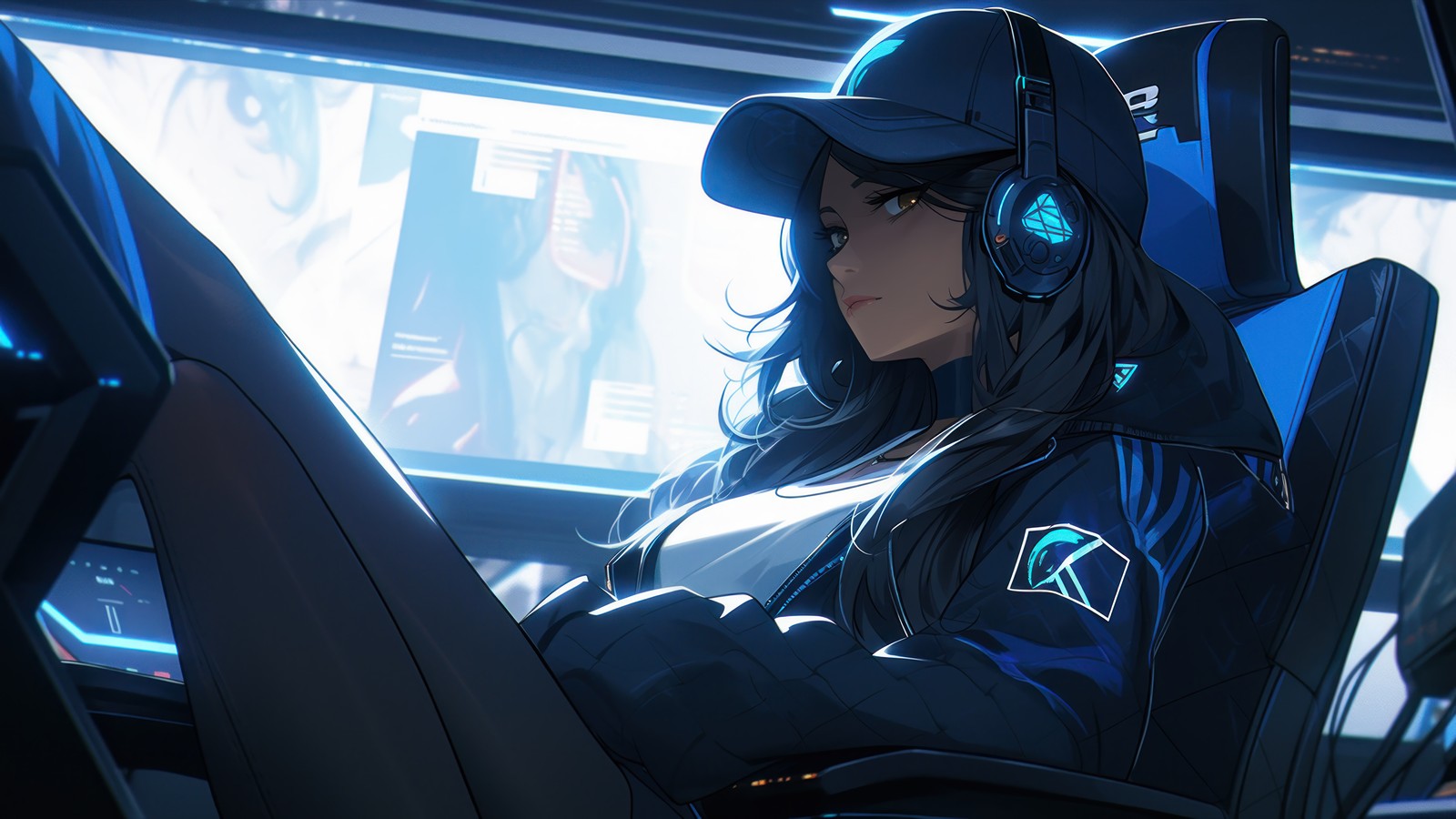 Un primer plano de una persona sentada en un coche con auriculares (niñas de anime, gorra, auriculares)