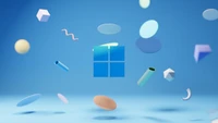 windows logo, blue background, windows 11, floating objects, shapes