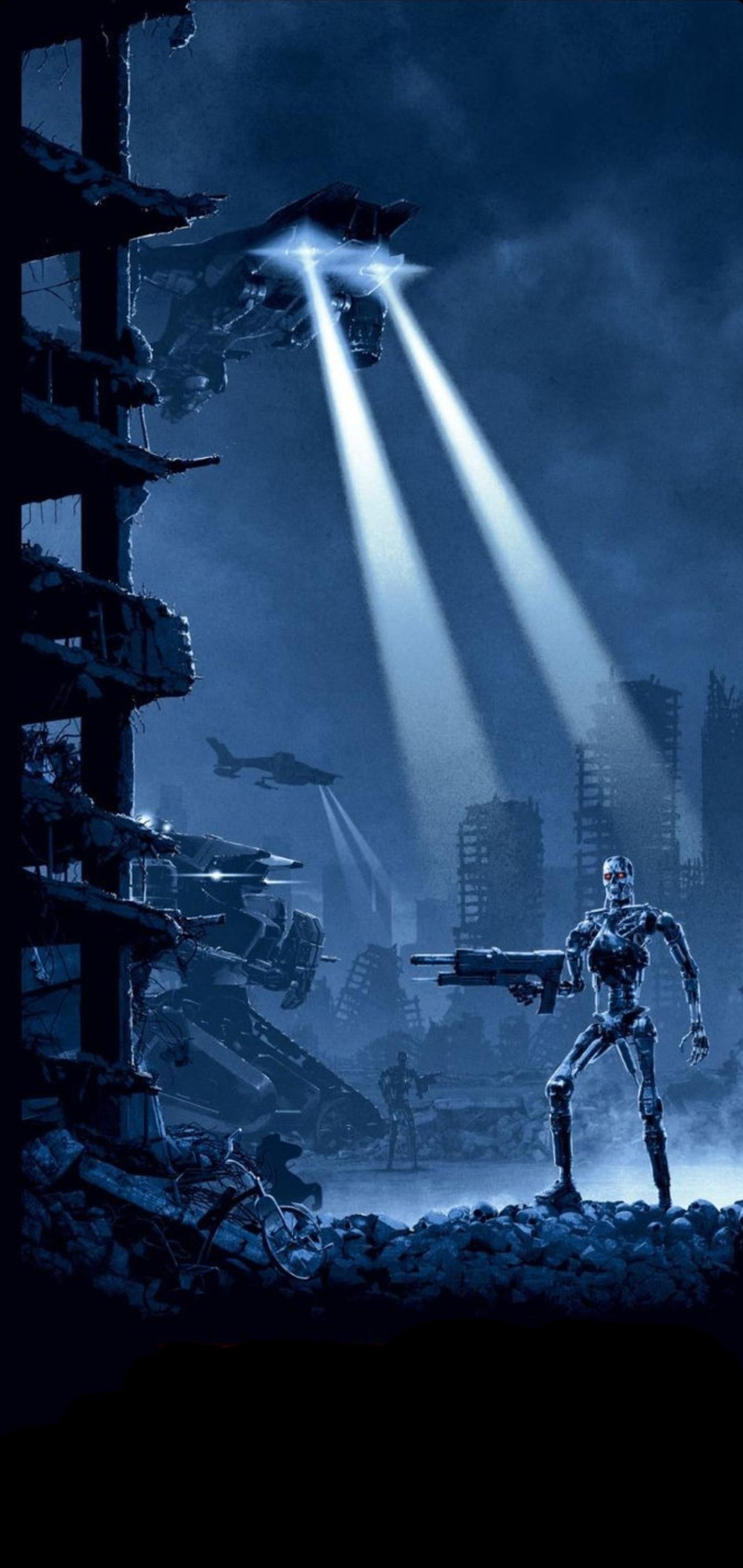 There is a robot that is standing in the dirt with a gun (poster, science fiction, the terminator, art, world)