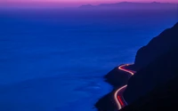 carretera de la costa del pacífico, california, luces de coche, exposición prolongada, paisaje marino