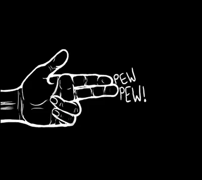 Finger in einer Pistolen-Geste mit dem Text 'Pew Pew!