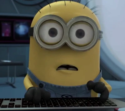 Um Minion preocupado trabalhando em um computador em um ambiente futurista.