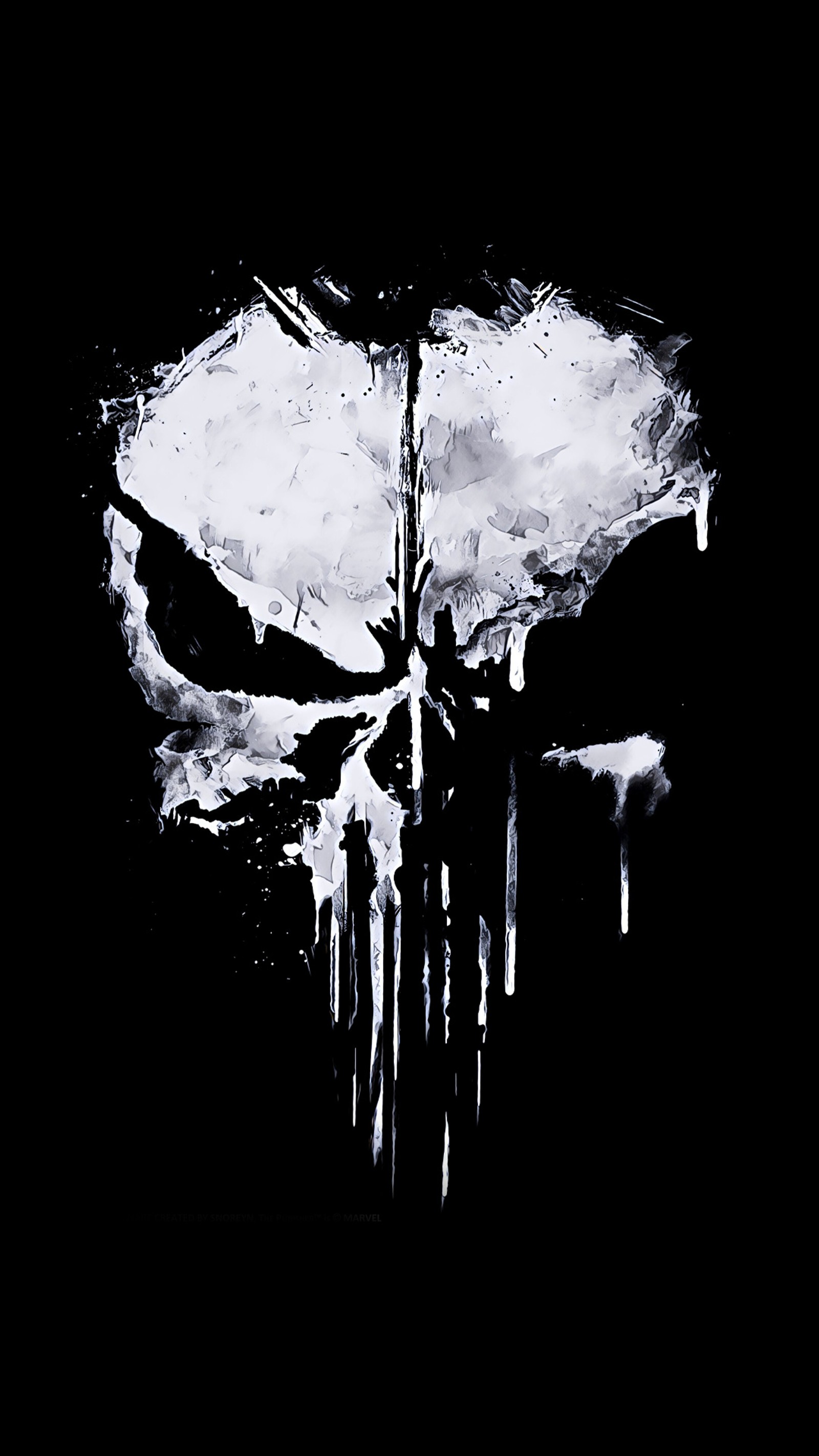 A black and white photo of a skull with dripping paint (punisher, skull)