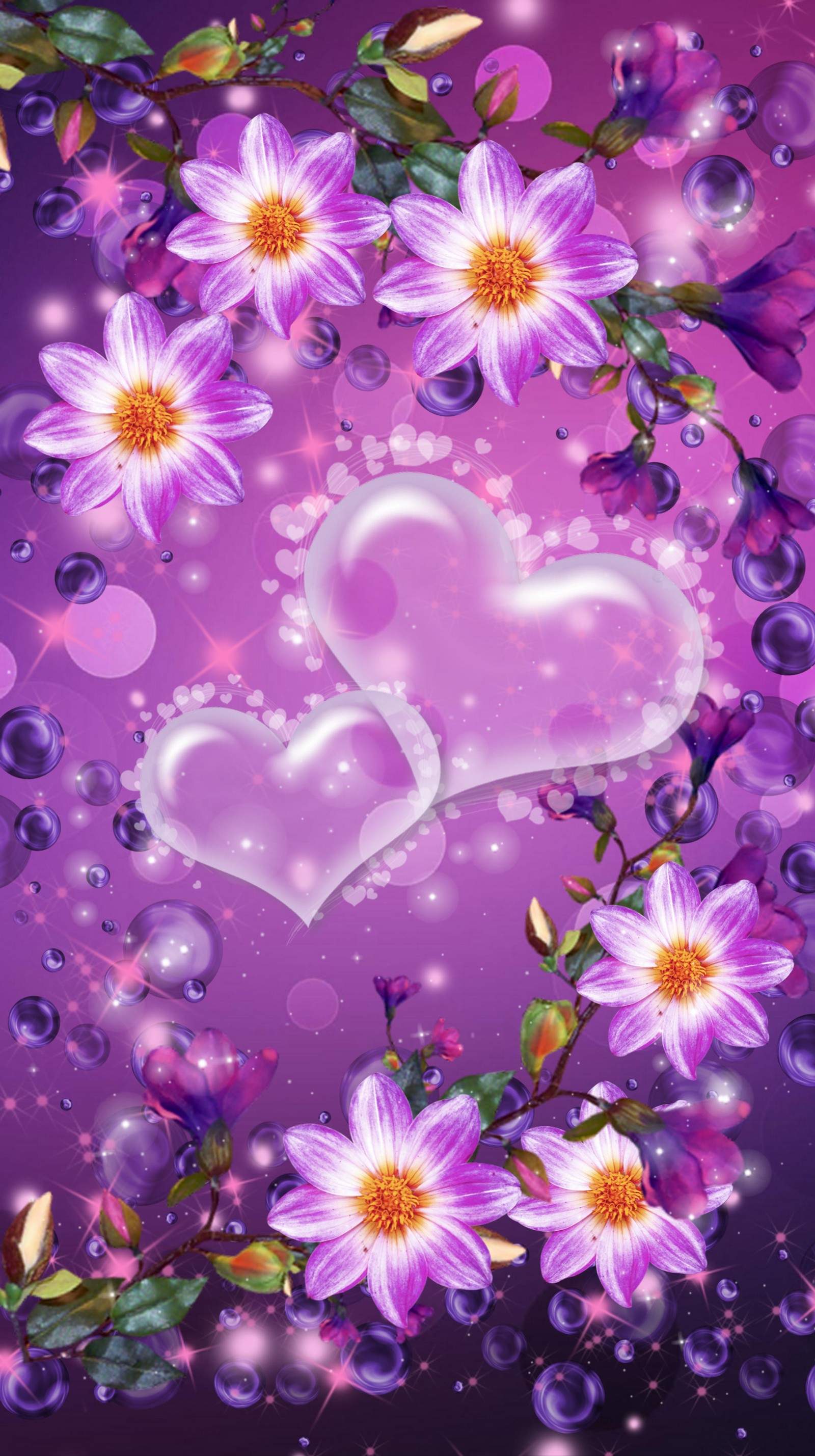 Purple flowers and hearts with bubbles in the middle (flower, heart, purple, valentines day)