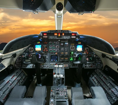 Cockpit de aeronave avançado ao pôr do sol