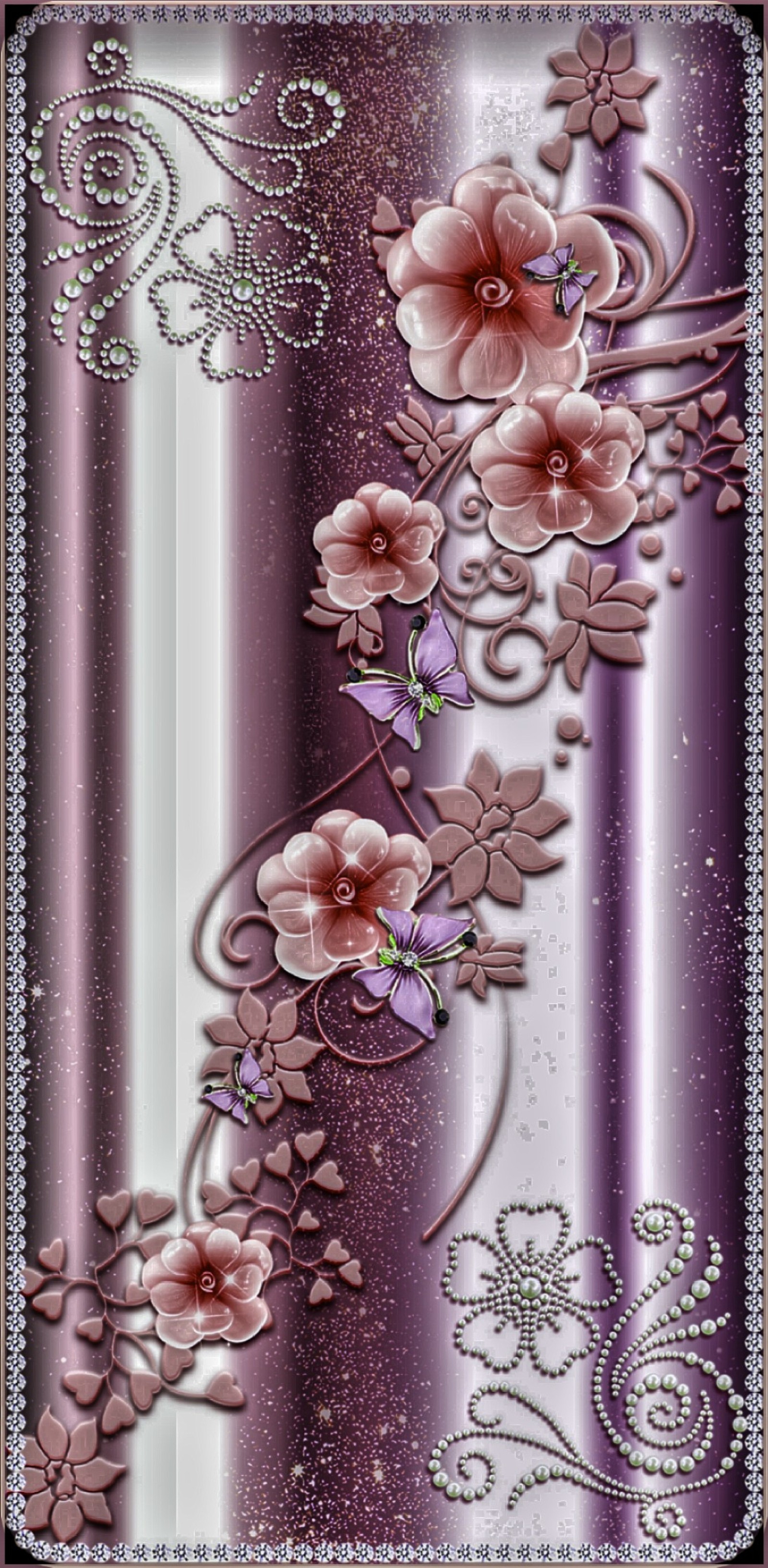 Purple and silver floral background with a border of pearls and flowers (roldgold, iphone wallpaper, wallpaper, vip)