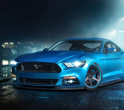 Sleek Blue Mustang Under City Lights at Night