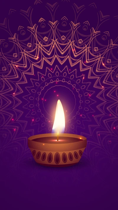 Mandala radiante de Diwali com vela iluminada