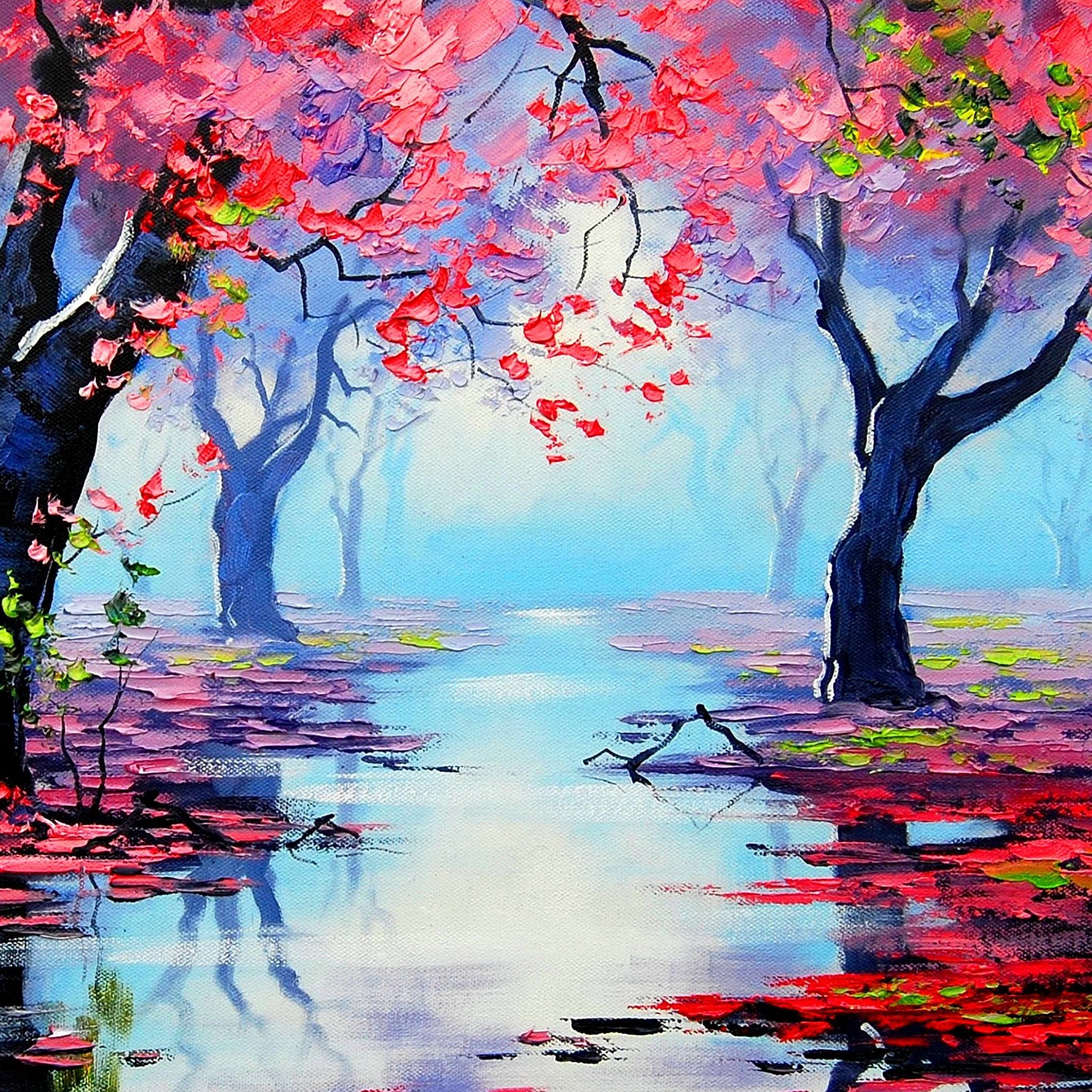 Painting of a colorful scene of a forest with a pond (beautiful, heaven, nature, river, trees)