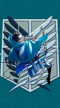 Eren Yeager in action with dual blades against the backdrop of the Survey Corps emblem.