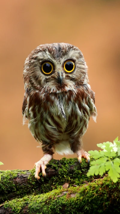 Chouette mignonne avec de grands yeux perchée sur une branche mousseuse la nuit