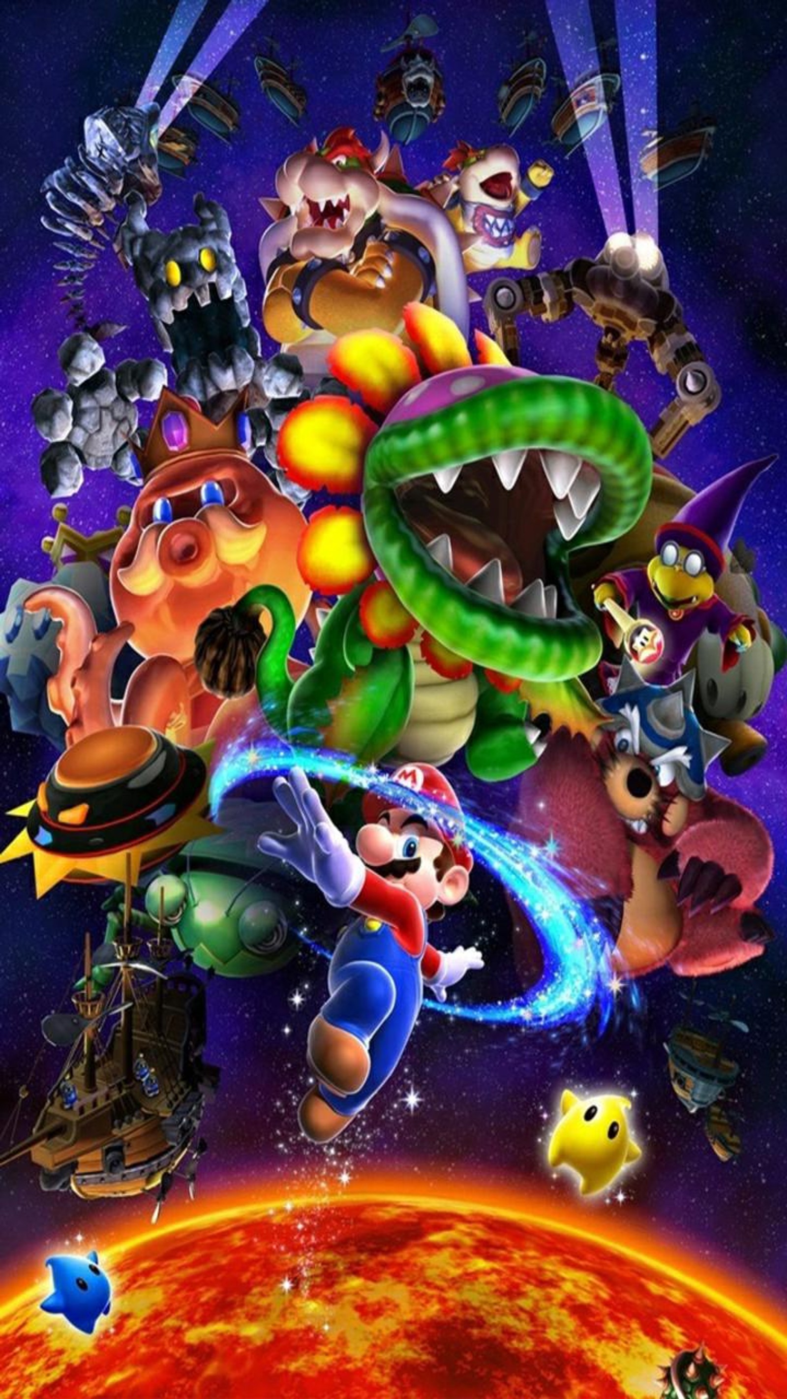 A group of cartoon characters flying over a planet (games, mario, space)