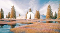 Surreal Swamp Landscape with Reflective Portal and Autumnal Trees