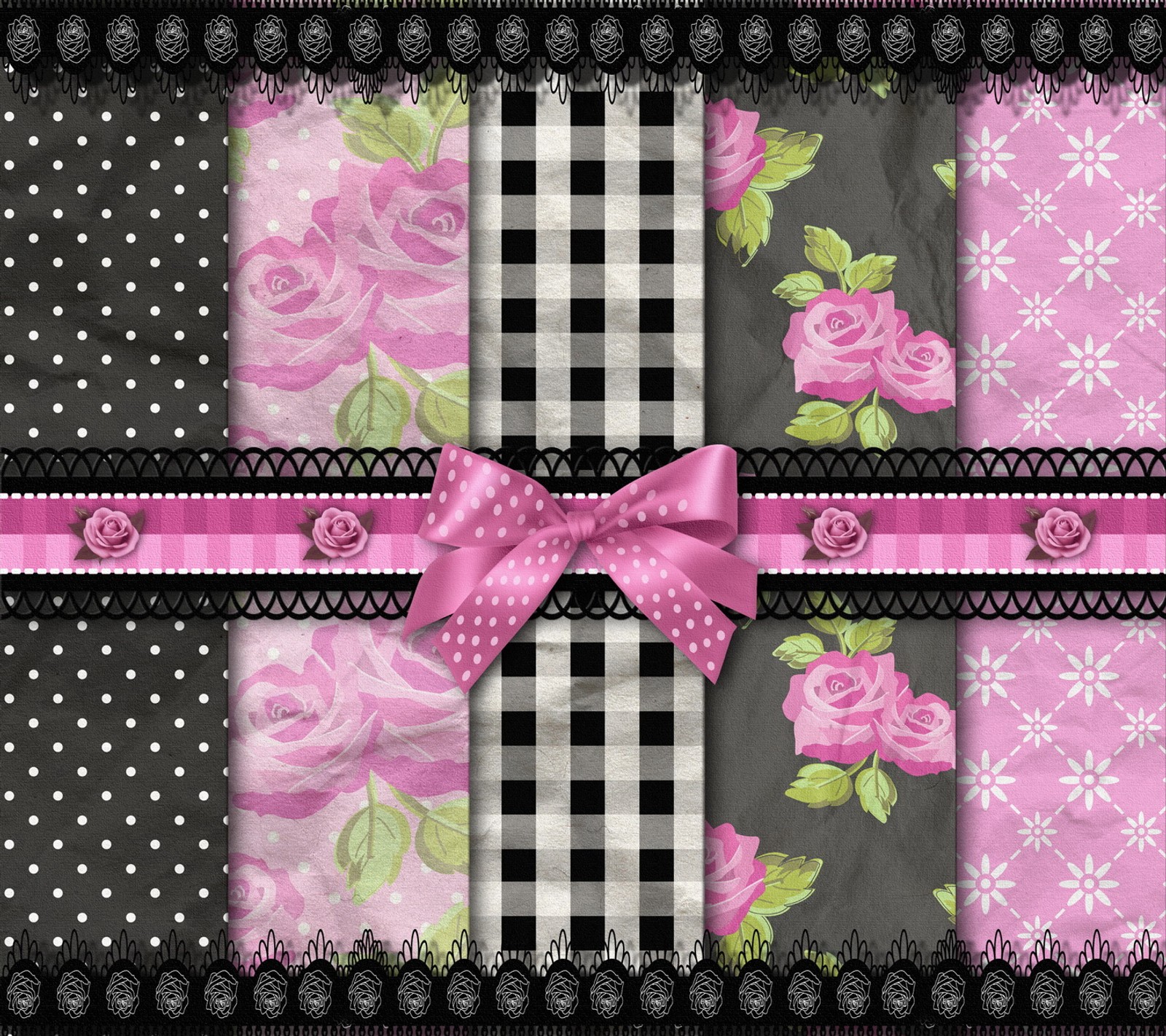 A close up of a pink rose on a black and white checkered background (bow, lace, paper, rose, texture)