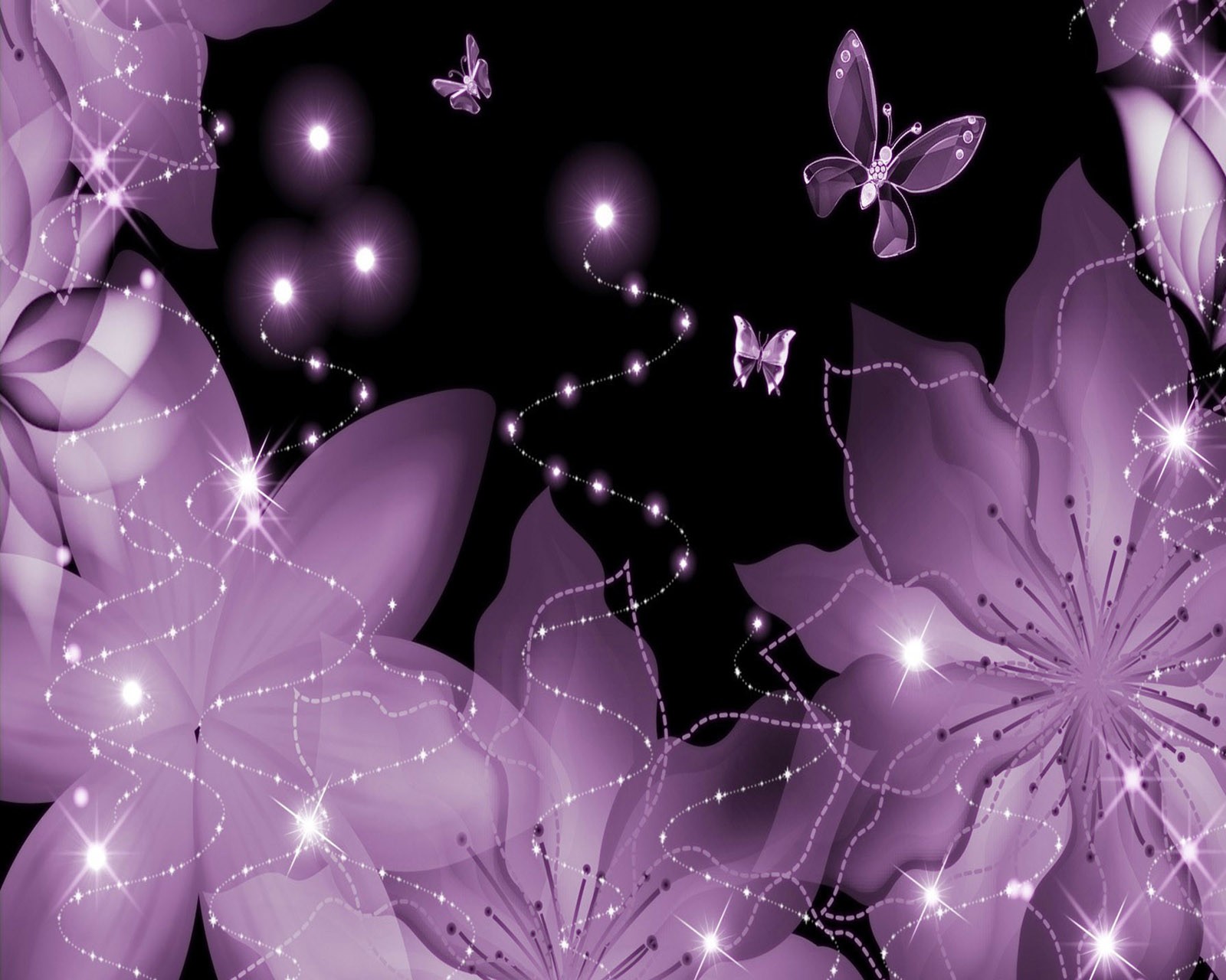 Purple flowers and butterflies with sparkles on a black background (beautiful, cute, look, nice)