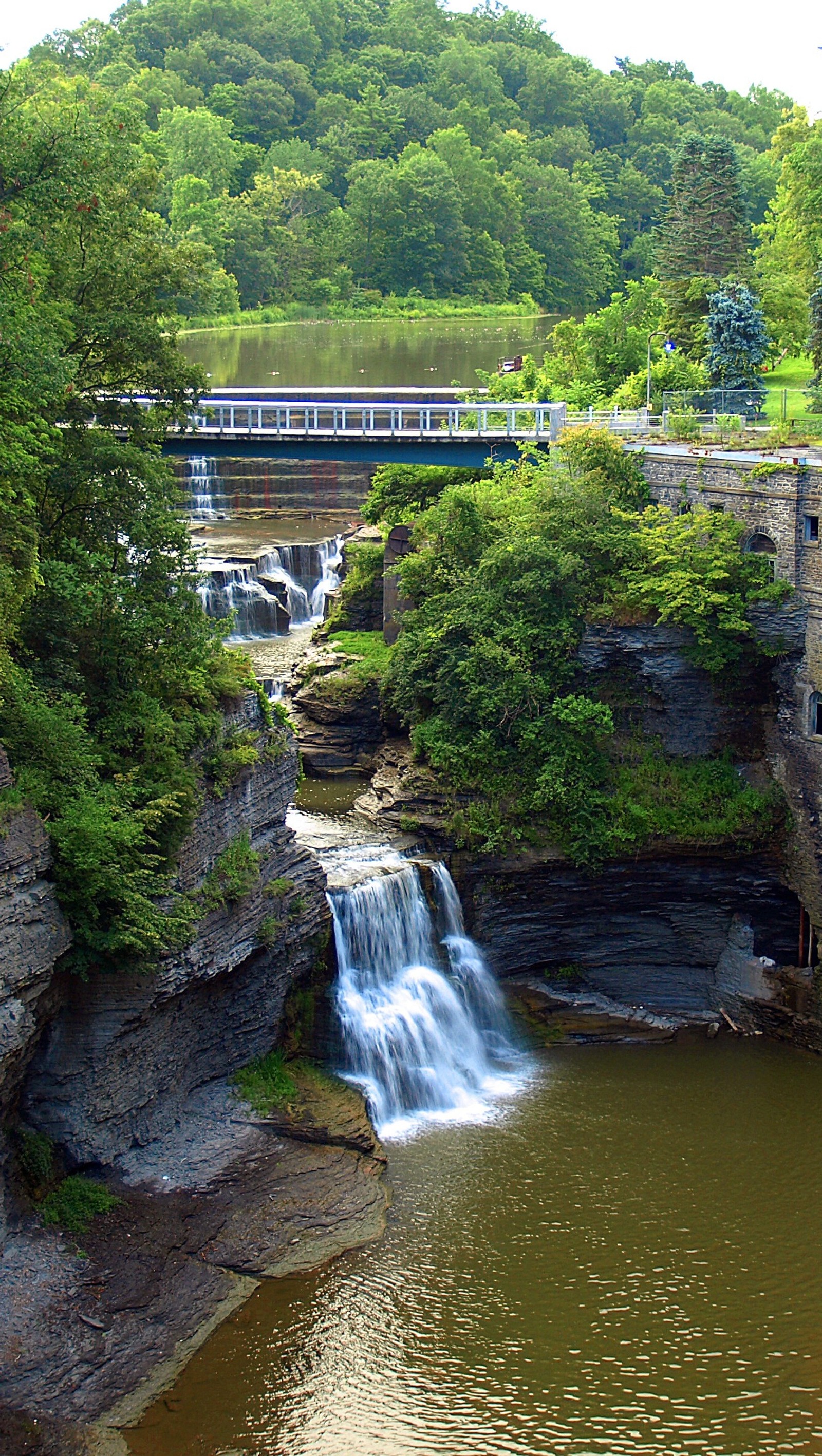 Il y a un train qui passe au-dessus d'une cascade dans les bois (cascade, nature, la cascade)