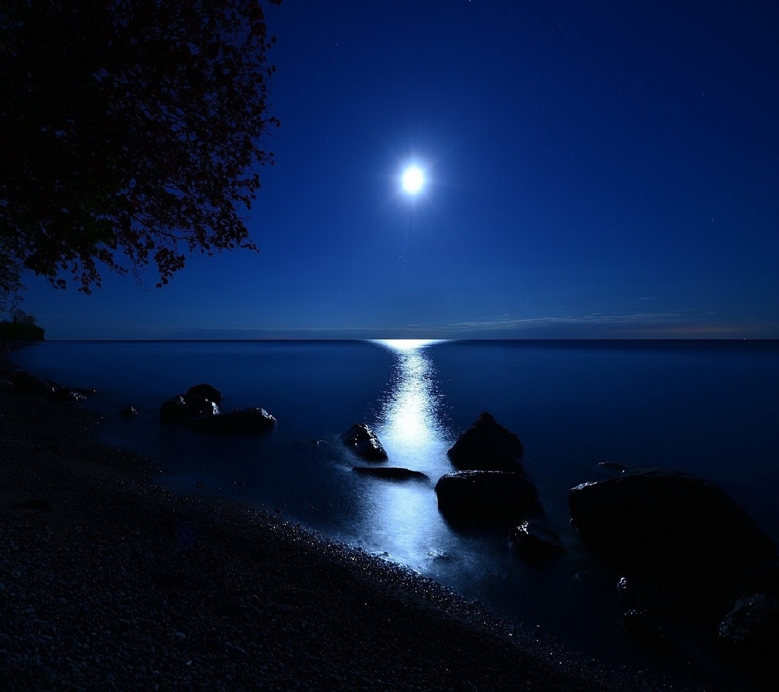 Una imagen de una luna llena sobre el océano con rocas (noche)