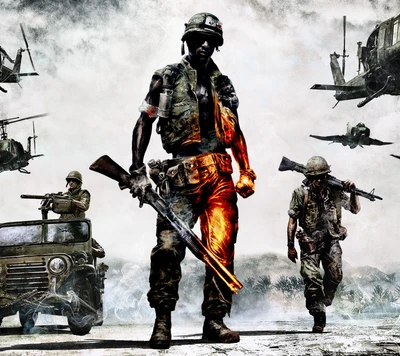 Acción intensa de Battlefield 3: Soldados avanzando en medio del caos