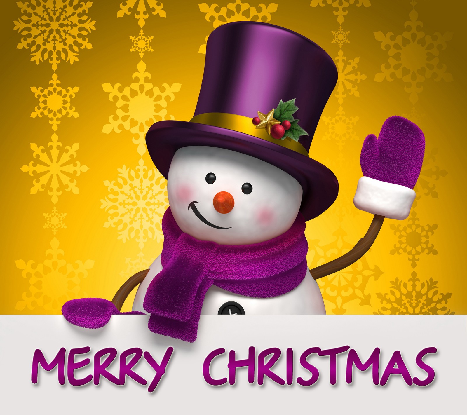 Un bonhomme de neige avec un chapeau violet et une écharpe tenant un panneau (noël, mignon, joyeux, bonhomme de neige, hiver)