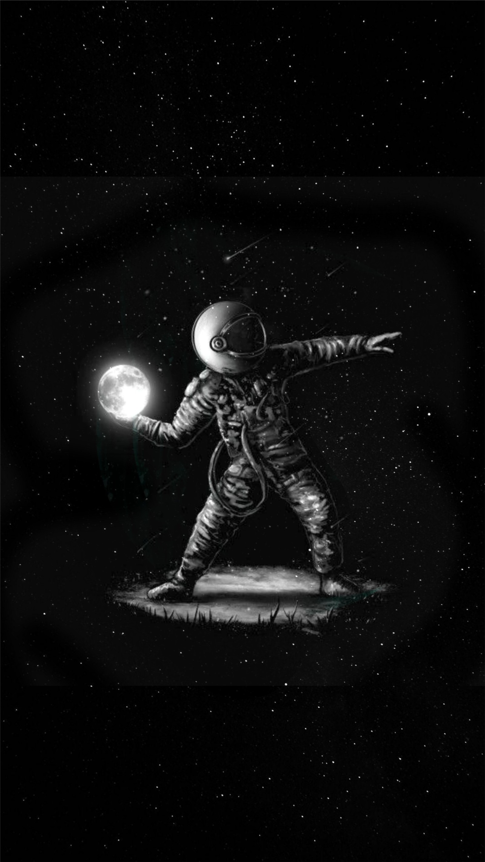 Une photo en noir et blanc d'un astronaute tenant une lumière (amoled, astronaute, noir, homme, lune)