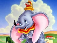 Dumbo the Elephant with a Mouse Performer on His Back in a Colorful Landscape