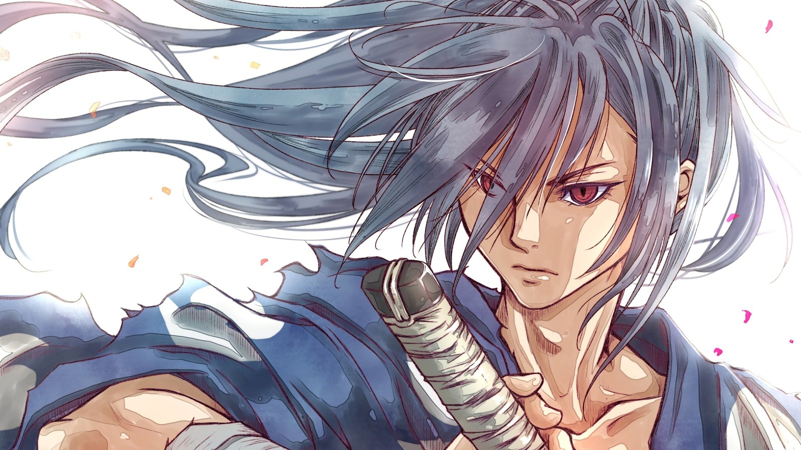 A close up of a person with a sword in their hand (hyakkimaru, dororo anime, anime)