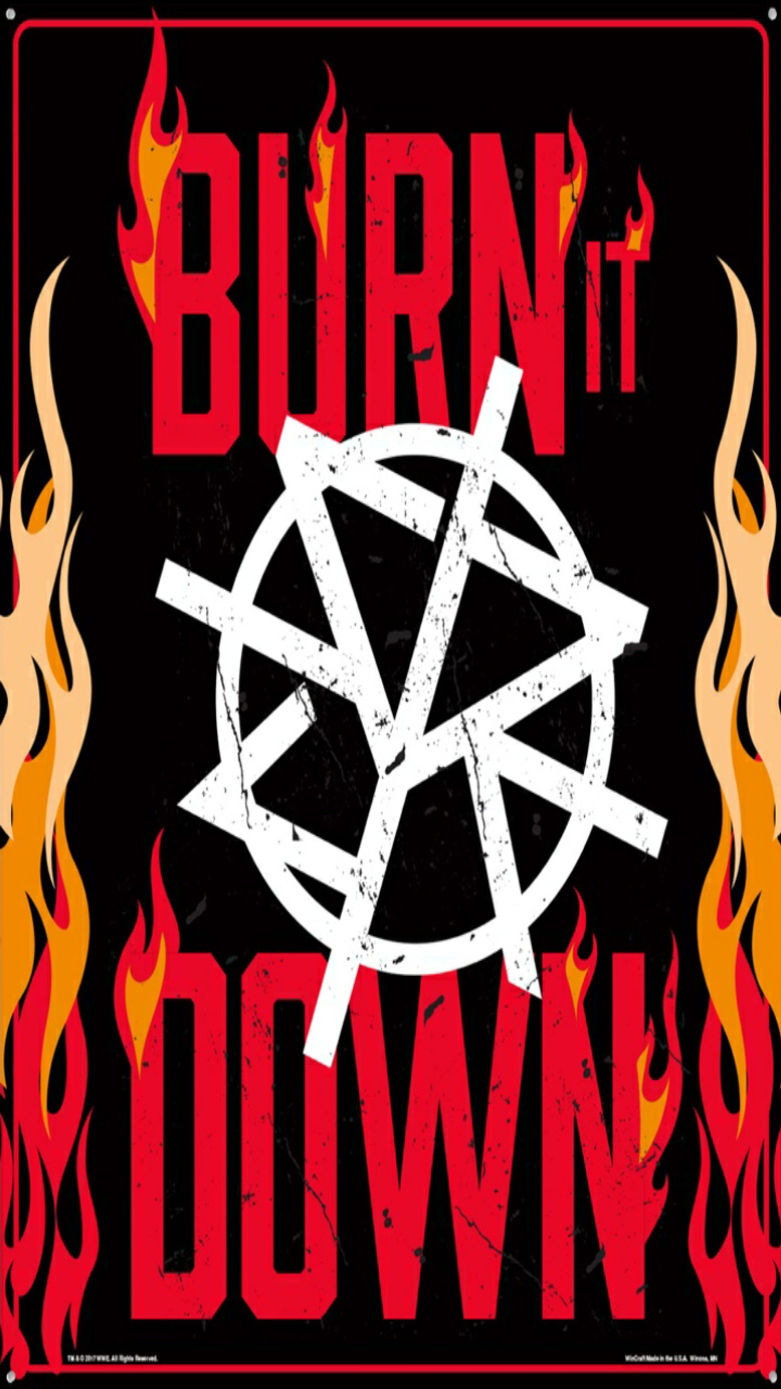 A close up of a sign with flames surrounding it (logo, nxt, raw, seth rollins, smackdown)