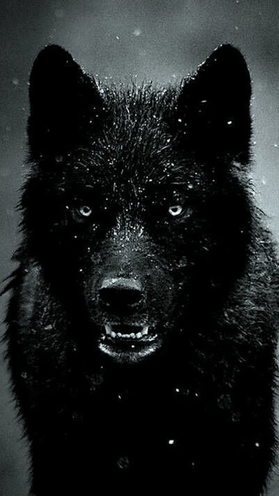 Mirada intensa de un lobo negro bajo la lluvia