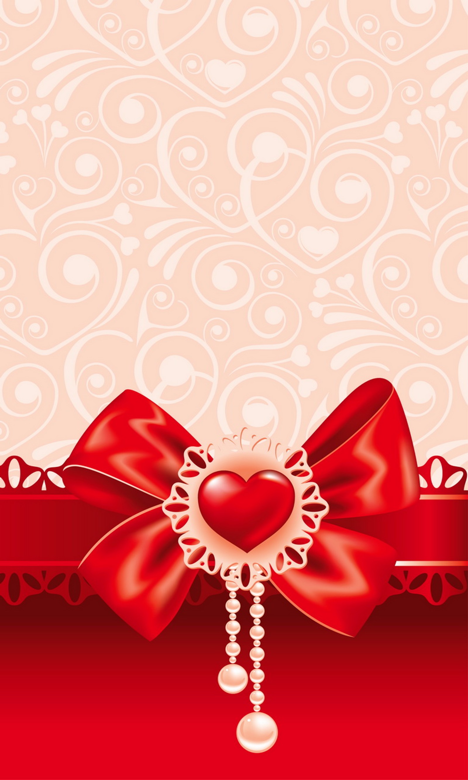 Valentine card with red ribbon and heart on a red background (floral, flowers, hearts, love valentine, pink)