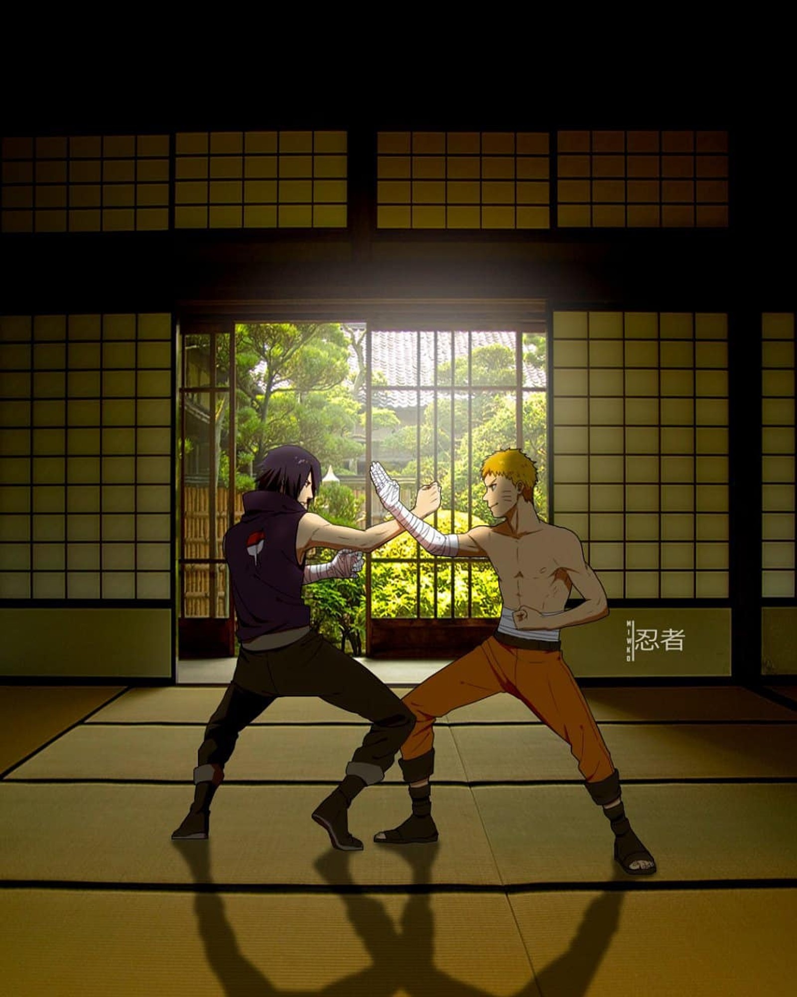 Anime-szene von zwei personen in einem raum mit einem fenster (anime, freunde, naruto, naruto uzumaki, sasuke)