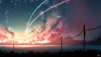 comète, coucher de soleil, paysage, anime, art