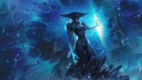 Lissandra, a Bruxa do Gelo, dominando a magia elemental em meio ao gelo quebrado em uma paisagem mística.