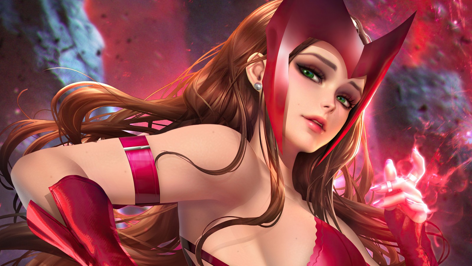 Женщина в красном наряде и красной мантии позирует (алая ведьма, scarlet witch, marvel comics, супергерой, девочки)