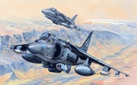 Deux avions Harrier en vol au-dessus d'un paysage montagneux