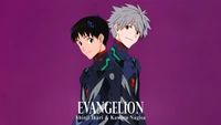 Shinji Ikari und Kaworu Nagisa aus Neon Genesis Evangelion vor einem lila Hintergrund