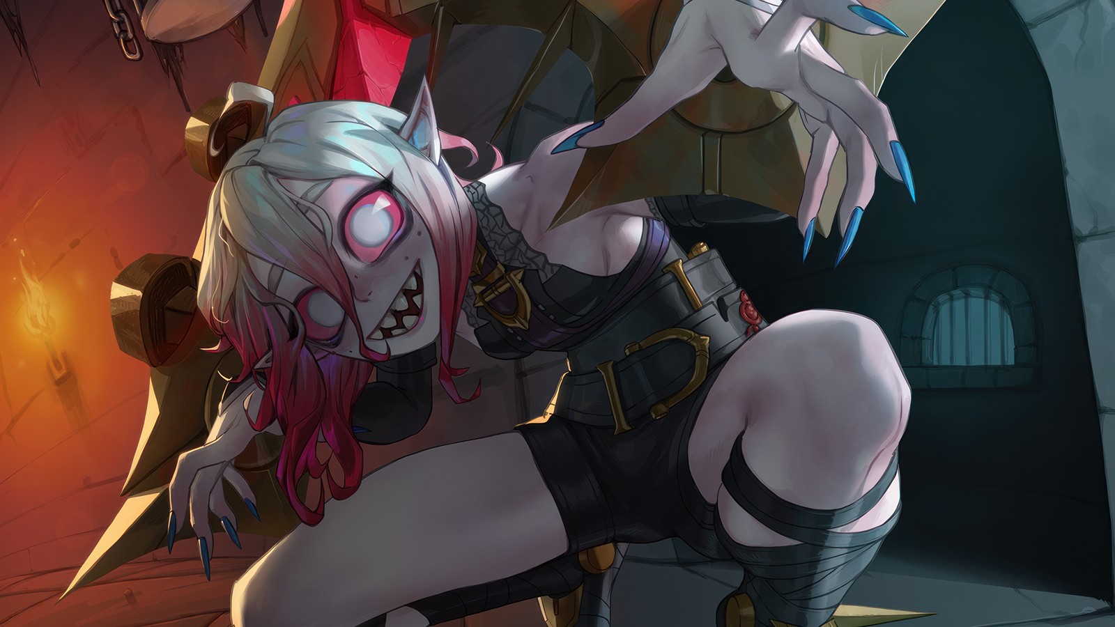 Anime girl with pink hair and white hair is kneeling down (briar, league of legends, lol, video game, art)