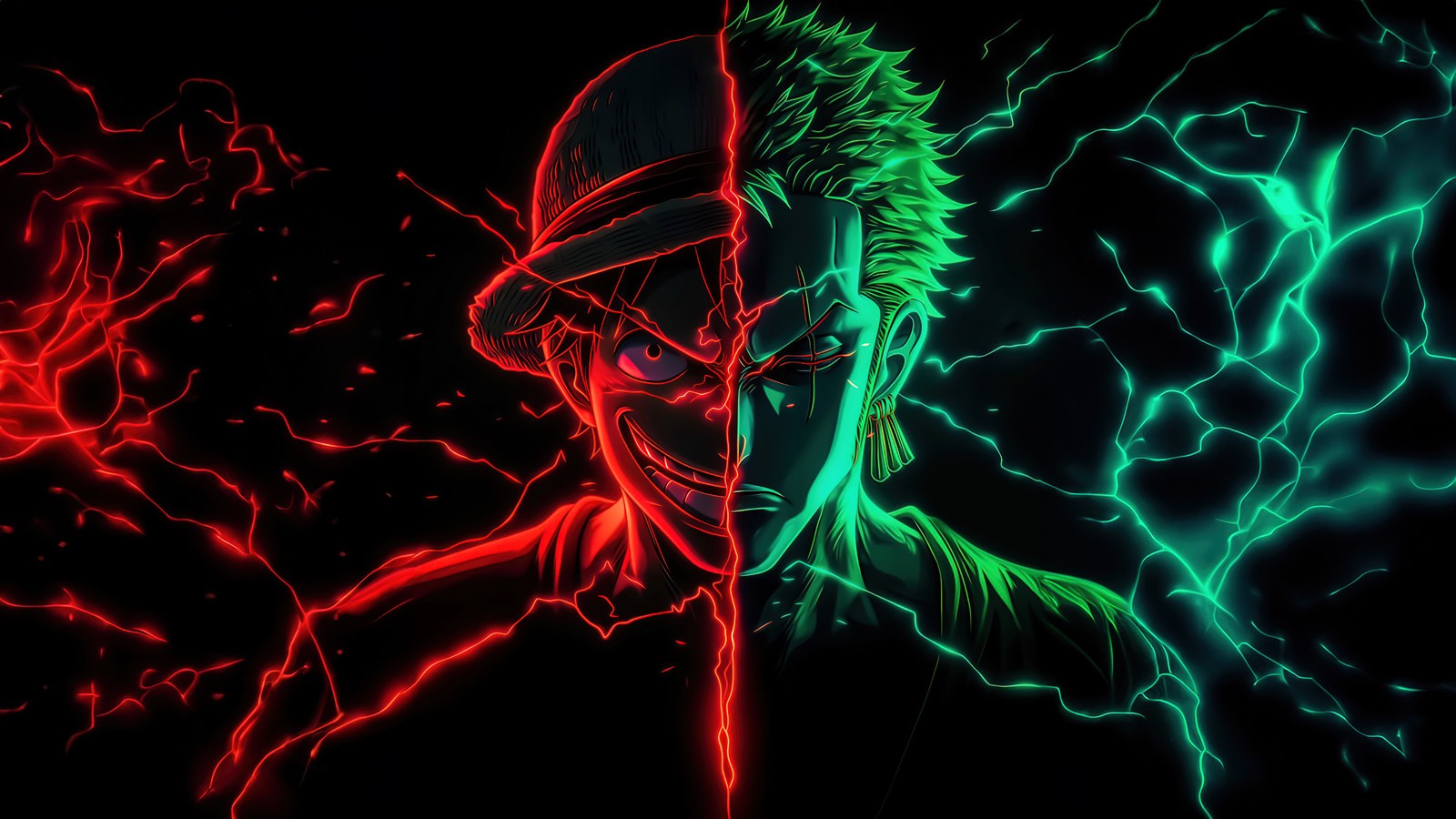 Duas imagens de um homem com um chapéu e uma luz verde e vermelha (monkey d luffy, roronoa zoro, amoled, 5k, one piece)